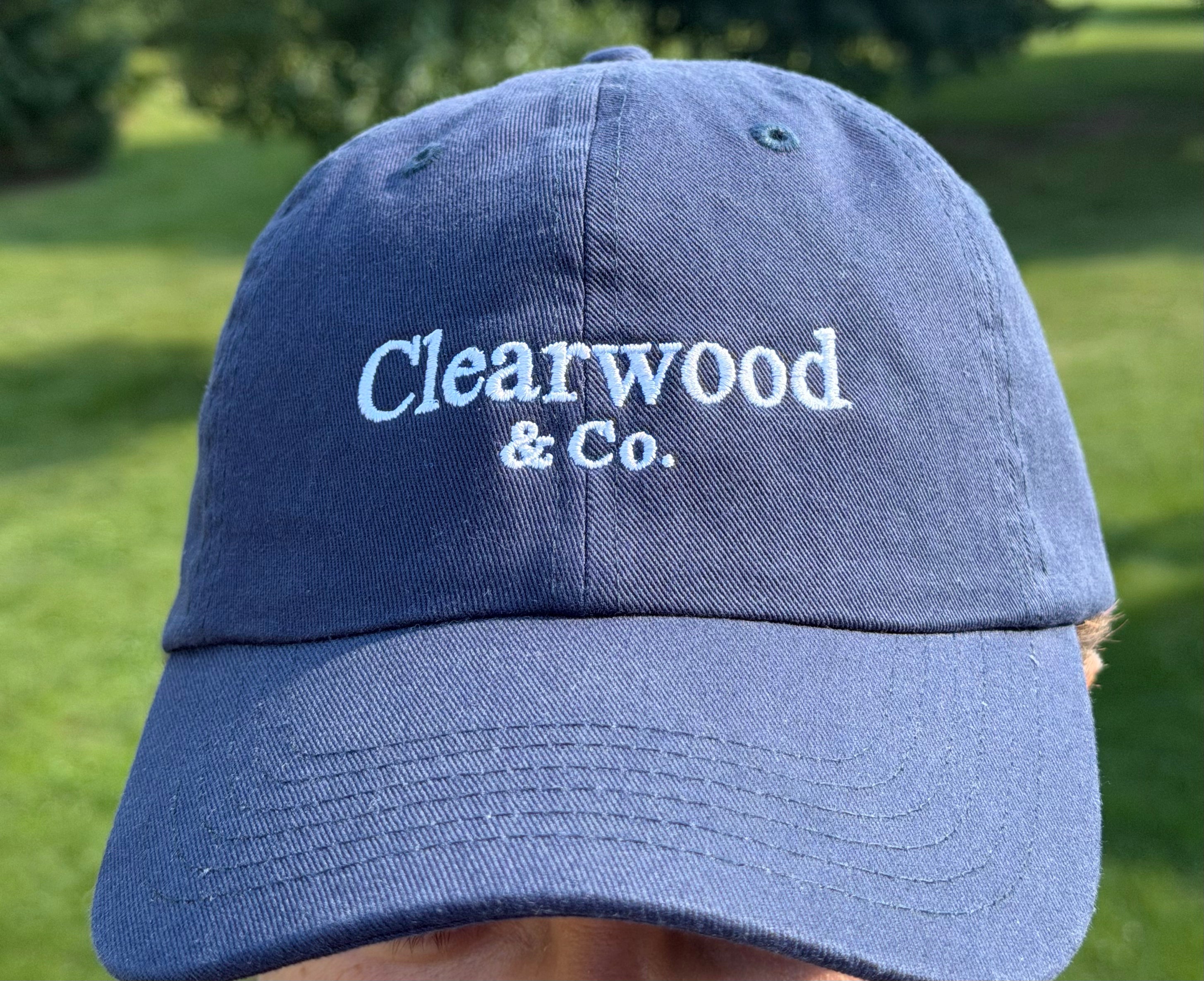 Clearwood & Co. buckle dad hat in navy, front view